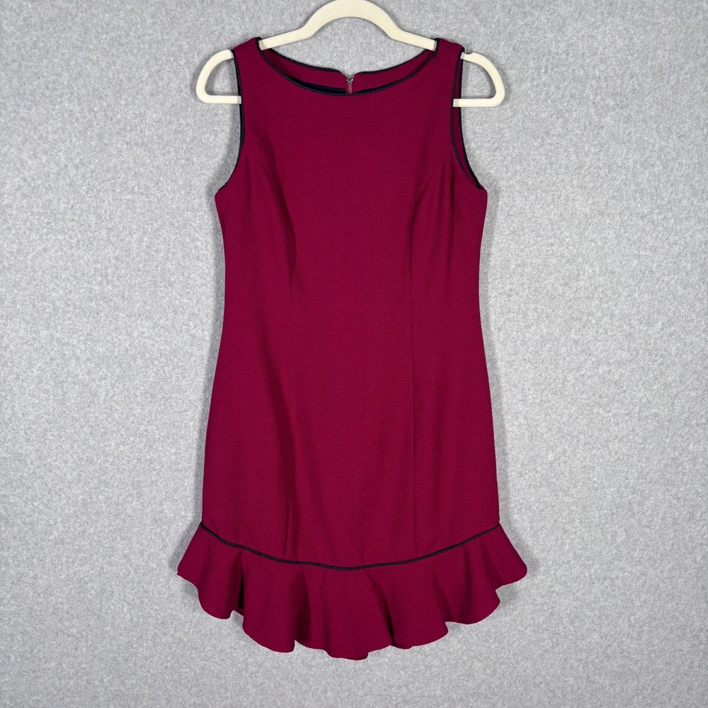 Cavendish Tweed Dress Medium Burgundy Gold Zipper Ruffle Old Money Academia Twee